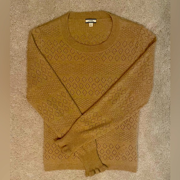 J. Crew Sweaters - J Crew Cashmere Pointelle Stirch Crewneck Sweater w/ Ruffle Cuff, Camel. Sz Lrg